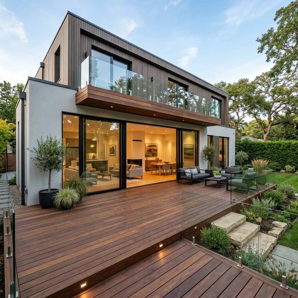 Vista exterior de una terraza moderna recién remodelada con deck de madera y grandes ventanales