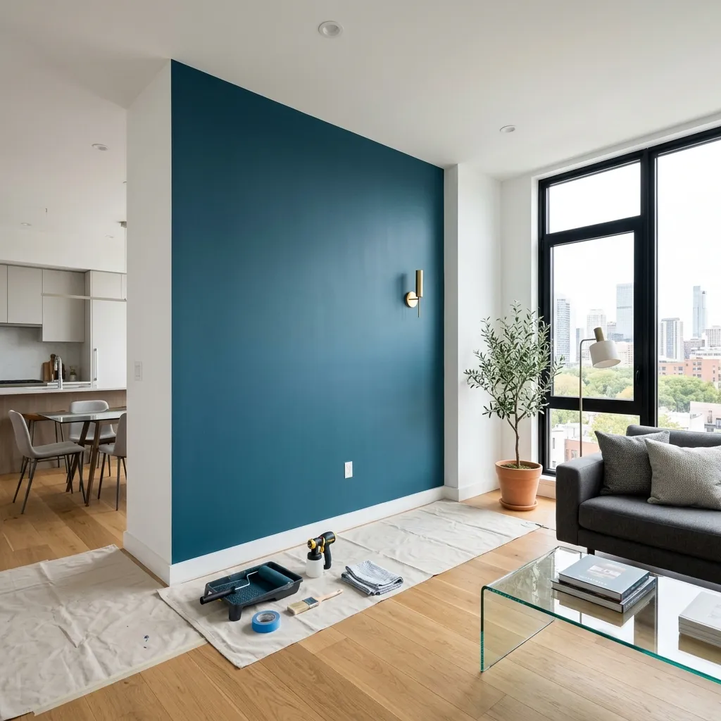 Muro recién pintado de color azul intenso en un departamento moderno con amplios ventanales