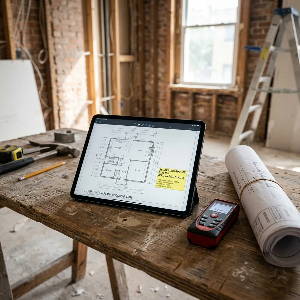 Tablet digital mostrando planos y un medidor láser sobre una mesa de trabajo en una obra en remodelación