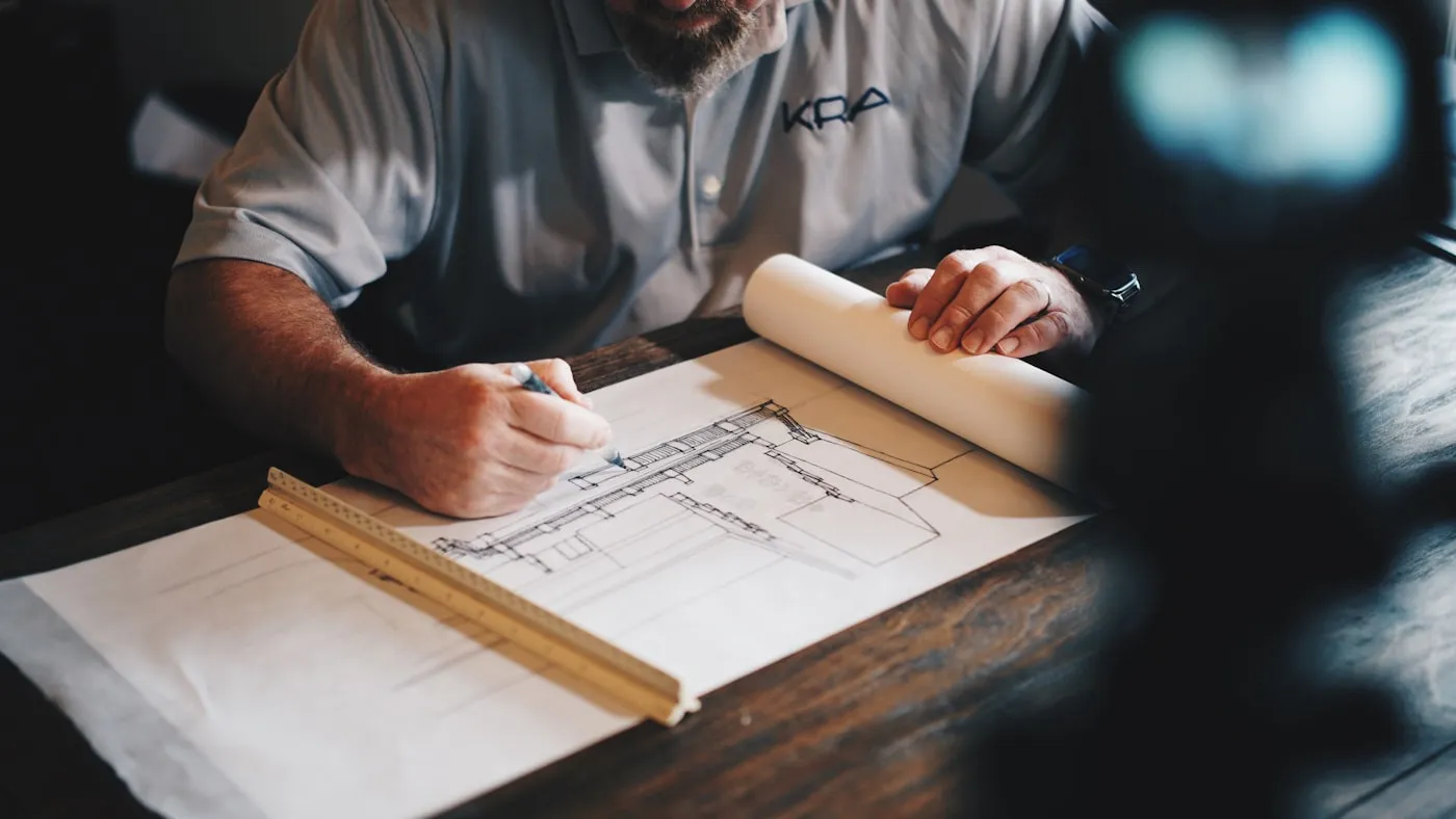 Profesional trazando sobre planos de arquitectura en una mesa de trabajo